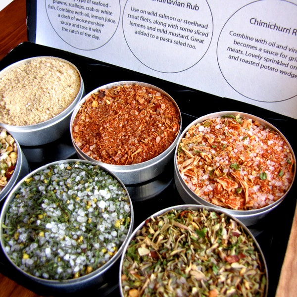 Gourmet fish and seafood rubs kit. A great gift for the grilling guy.