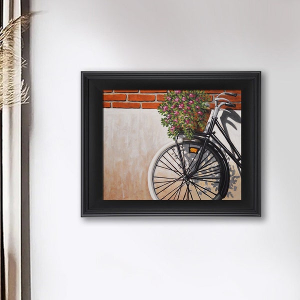 Original Art flowers in bicycle basket Contemporary Modern Painting acrylic on canvas artwork modern vacation laidback lifestyle wall decor