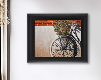 Original Art flowers in bicycle basket Contemporary Modern Painting acrylic on canvas artwork modern vacation laidback lifestyle wall decor