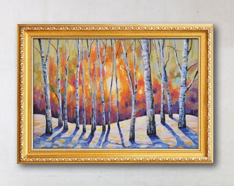 Large Original Sunset Painting Hand Painted Birch Tree Snow Landscape Living Room Entry Fine Art Upscale Wall Home Decor Unique Gift Idea