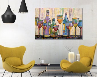 Large Modern Wine Art Painting Abstract Dining Room Bar Decor Glasses Bottles ... "Evening Drinks" 24" x 36" by Amy Giacomelli