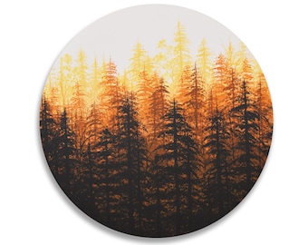 Large art Original Landscape Painting Fall Colors Golden Trees Forest handpainted Modern / round painting on wood disc / In the Stillness