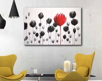 Large wall art original painting flowers wall decor / abstract floral art / modern florals / red flower / black white / Made in America