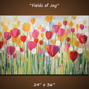 Huge flower painting / modern original floral art / red pink yellow flowers tulips wall decor / 24&quot; x 36&quot; hand painted decor READY TO SHIP