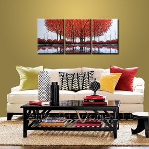 Original Extra Large Painting Modern Trees Lake Pond Landscape Art ... 54 x 24 .. Scarlet Reflections, by Amy Giacomelli image 3