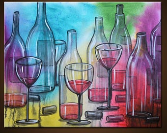 Art Painting Abstract Modern Dining Room Bar Decor Wine Glasses Bottles ... "Friday Night" 16" x 20" by Amy Giacomelli