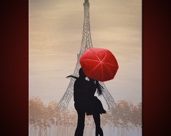 Original Art French Painting Large Paris France Love Red Umbrella .... 24 x 36 ... titled "Love In Paris", by Amy Giacomelli