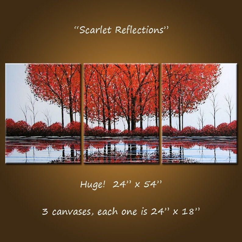 Original Extra Large Painting Modern Trees Lake Pond Landscape Art ... 54 x 24 .. Scarlet Reflections, by Amy Giacomelli image 1