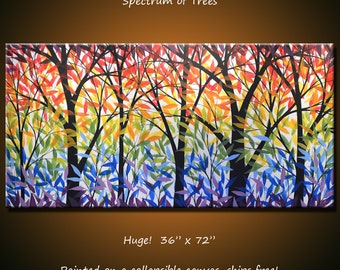 Extra large wall art / Huge Art Rainbow Painting Modern Landscape "Spectrum of Trees", 36" x 72" Living room art... free US shipping