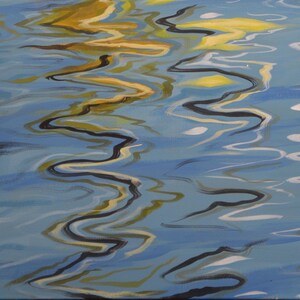 Op de afbeelding: Abstracte schilderij van water met blauwe, witte en gele golvende lijnen. De lijnen zijn dik en zwart en cre&euml;ren een gevoel van beweging en diepte.