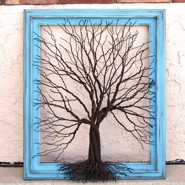 Amy Giacomelli Painting Original Large Tree Abstract Sculpture ... Wire tree on aqua vintage salvaged frame