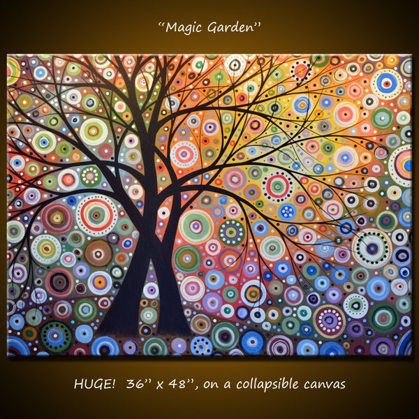 Extra Large Wall Art Painting Modern Wall Decor trees and circles Landscape "Magic Garden", 36 x 48 / massive huge  canvas, free US shipping