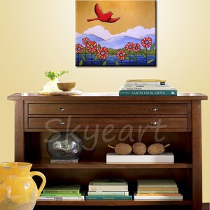 Original wall art painting landscape, flowers and bird...Take to the Sky 22 x 28, acrylic on canvas, gallery wrapped and ready to hang image 3