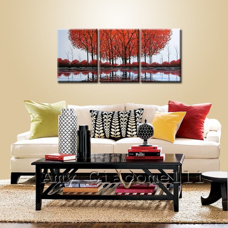 Original Extra Large Painting Modern Trees Lake Pond Landscape Art ... 54 x 24 .. Scarlet Reflections, by Amy Giacomelli image 2