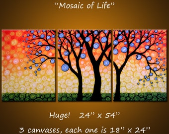 Original Art Painting Triptych Decor Landscape Huge Large Trees .. 24" x 54" .. "Mosaic of Life" Make a huge impact in your space