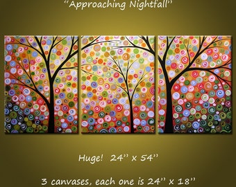 Extra Large Wall Art Painting Triptych Modern Contemporary Trees Landscape Stars //  24" x 54" // Approaching Nightfall, by Amy Giacomelli