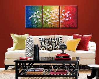 Original Art Painting Triptych Large Abstract Painting Modern Flowers Wall Decor Rainbow colors ...24 x 54 .. Prism Garden