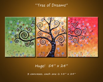 Original Large Abstract Painting Modern Contemporary Trees Landscape Wall Decor Art... 54" x 24" .. Tree of Dreams Triptych, Amy Giacomelli