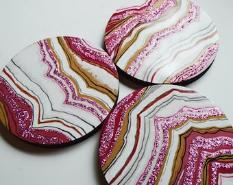 Pink Glitter Agate Slice Hand Painted Wood Wall Art Original Natural Geode Crystal Painting Modern Decor Circles Contemporary Glam