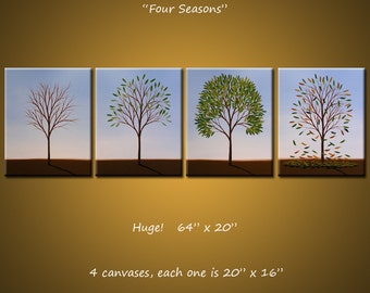Original Large 4 piece Painting Modern Contemporary Trees Seasons ... ready 2 hang ... 64" x 20" .. Four Seasons, by Amy Giacomelli