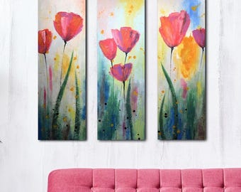 Large Abstract Modern Flower Painting Tulip Fun Botanical Garden Home Decor Original Pink Yellow Floral Wall Art Hand Painted 3 Piece Set