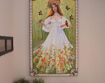 Original Feminine Wall Art Painting Bas-relief Sculpted Birds Flowers Large Home Decor Huge Female Portrait Statement Piece on Wood
