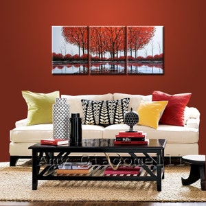 Original Extra Large Painting Modern Trees Lake Pond Landscape Art ... 54 x 24 .. Scarlet Reflections, by Amy Giacomelli image 4