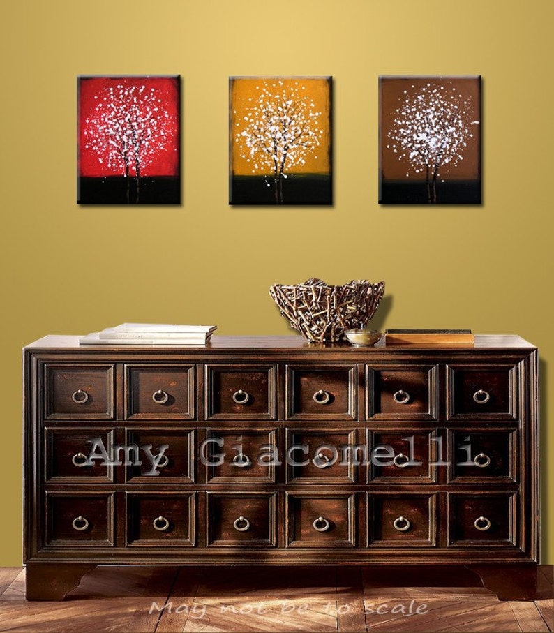 Art Paintings Triptych Large Abstract Contemporary Landscape Trees .. yellow red brown white black ...48' ... Sun Prairie, Amy Giacomelli image 3