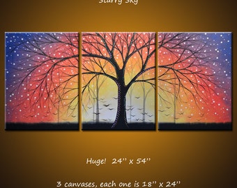 Large Wall Art Painting Triptych Original Abstract Modern Contemporary Trees Landscape ... 24" x 54"... "Starry Sky" by Amy Giacomelli