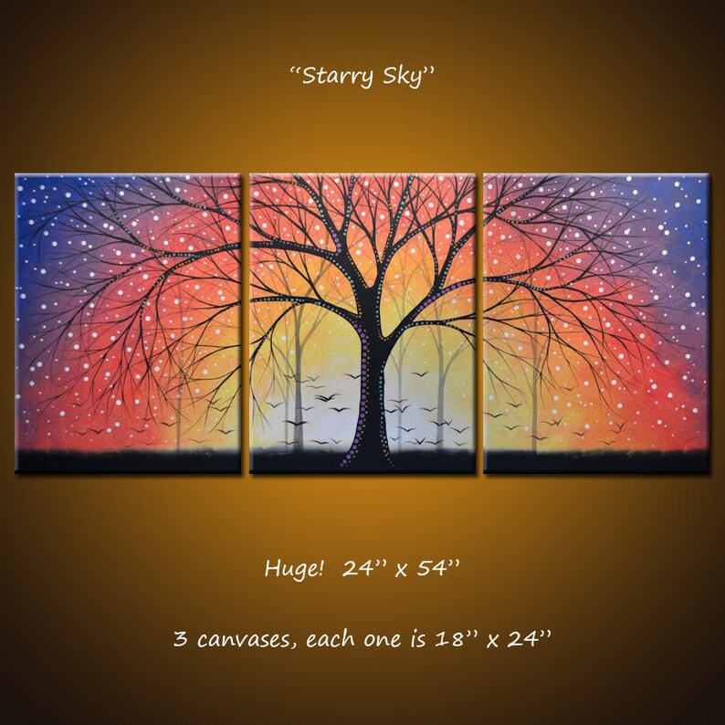 Large Wall Art Painting Triptych Original Abstract Modern Contemporary Trees Landscape ... 24 x 54... Starry Sky by Amy Giacomelli image 1