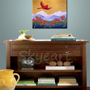 Original wall art painting landscape, flowers and bird...Take to the Sky 22 x 28, acrylic on canvas, gallery wrapped and ready to hang image 2