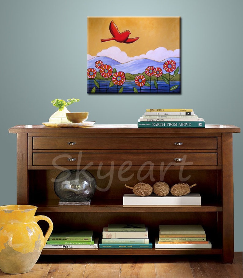 Original wall art painting landscape, flowers and bird...Take to the Sky 22 x 28, acrylic on canvas, gallery wrapped and ready to hang image 2