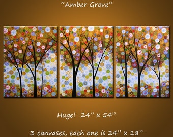 Extra Large Wall Art Triptych Abstract Painting Modern Contemporary Landscape Trees .. 24" x 54",  3 canvases ...Amber Grove, Amy Giacomelli