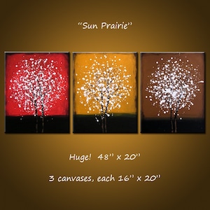 Art Paintings Triptych Large Abstract Contemporary Landscape Trees .. yellow red brown white black ...48' ... Sun Prairie, Amy Giacomelli image 1