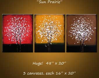 Art Paintings Triptych Large Abstract Contemporary Landscape Trees .. yellow red brown white black ...48' ... Sun Prairie, Amy Giacomelli