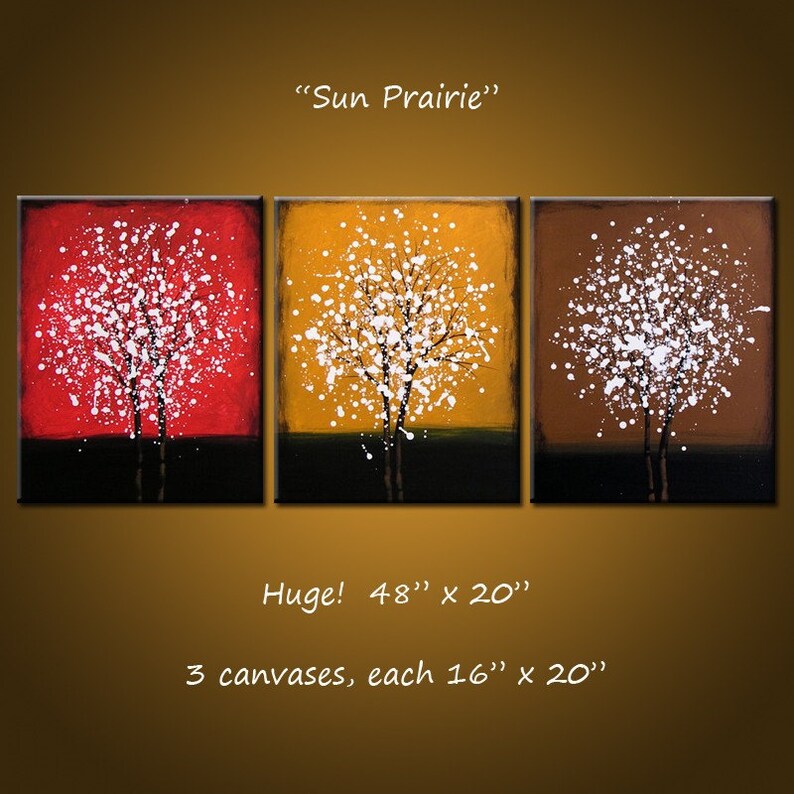 Art Paintings Triptych Large Abstract Contemporary Landscape Trees .. yellow red brown white black ...48' ... Sun Prairie, Amy Giacomelli image 1