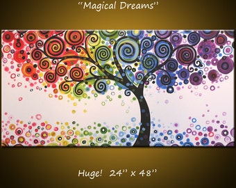 Rainbow Art Painting Original Large Abstract Modern Contemporary Curly Colorful Tree... Ready to hang ... 24 x 48 .. "Magical Dreams"