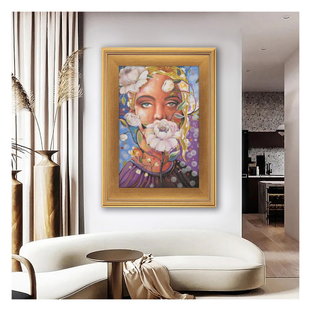 Original Abstract Portrait Painting of Woman and Flower Modern Colorful ...