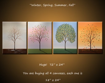 Art Original Enormous Paintings Wall Decor Modern Contemporary Trees Four Seasons ... 72" x 24" ... Winter, Spring, Summer, Fall