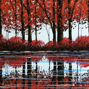 Original Extra Large Painting Modern Trees Lake Pond Landscape Art ... 54 x 24 .. Scarlet Reflections, by Amy Giacomelli image 5