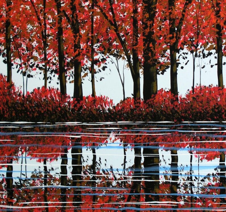 Original Extra Large Painting Modern Trees Lake Pond Landscape Art ... 54 x 24 .. Scarlet Reflections, by Amy Giacomelli image 5