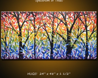 Huge Art Painting Rainbow Landscape Original Large Abstract Modern Trees ... 24 x 48 .. "Spectrum of Trees" by Amy Giacomelli