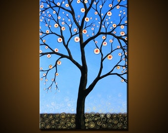 Extra Large Wall Art Tree Painting ... Modern blue wall decor ... 36" x 60" ... Ways of the Night, Free US shipping