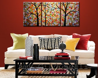 Extra Large Gallery Wall Art Triptych Original Large Abstract Painting Modern Contemporary Landscape Trees // 24" x 54" // "Endless Stars"