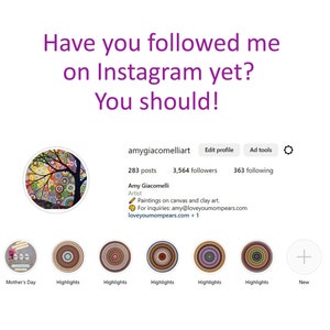Op de afbeelding: Instagram-profiel van Amy Giacomelli, een kunstenaar die op canvas en klei schildert. De profielfoto is een kleurrijk abstract schilderij van een boom. Het profiel heeft 283 berichten, 3.564 volgers en 363 abonnees. Het profiel bevat ook een link naar de website van de kunstenaar, loveyoumompears.com.