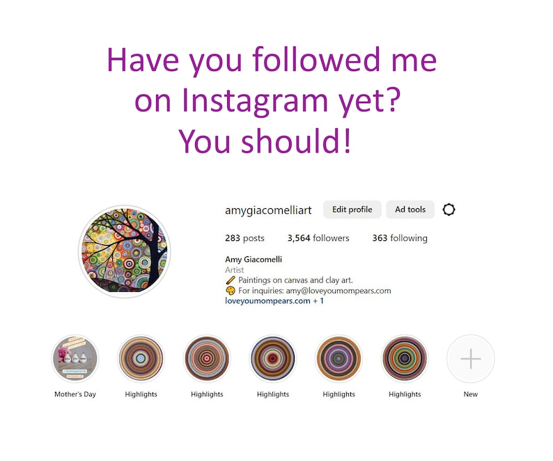 Op de afbeelding: Instagram-profiel van Amy Giacomelli, een kunstenaar die op canvas en klei schildert. De profielfoto is een kleurrijk abstract schilderij van een boom. Het profiel heeft 283 berichten, 3.564 volgers en 363 abonnees. Het profiel bevat ook een link naar de website van de kunstenaar, loveyoumompears.com.