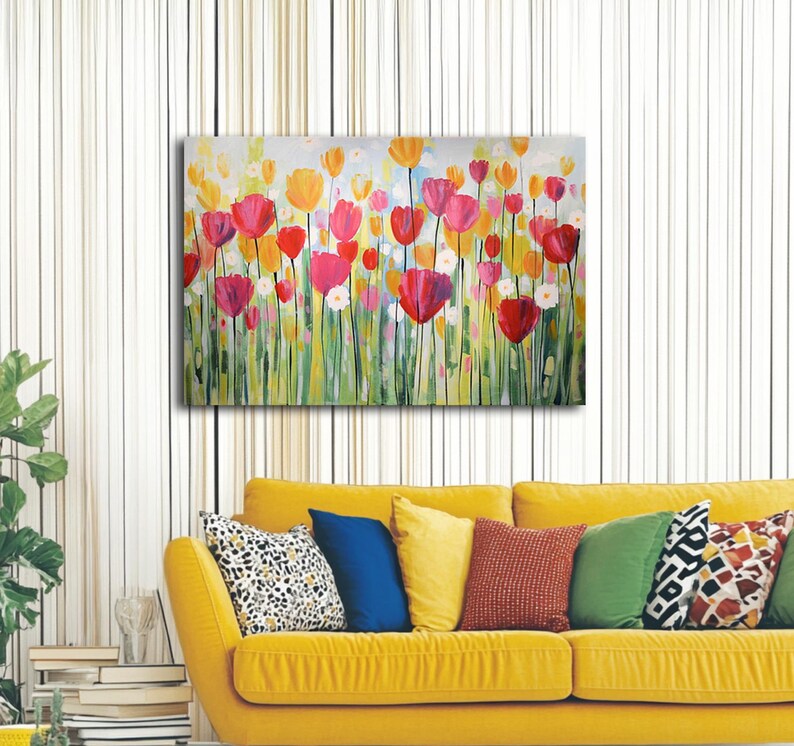 Original Tulip Painting on Canvas Colorful Garden Wall Art Modern Floral Painting Joyful Flowers Hand Painted Artwork Home Office Decor immagine 8