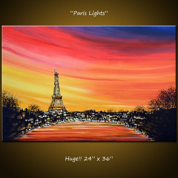 Original Large Abstract Painting Modern Paris France Europe Eiffel Tower ....  24 x 36 .. Paris Lights, by Amy Giacomelli
