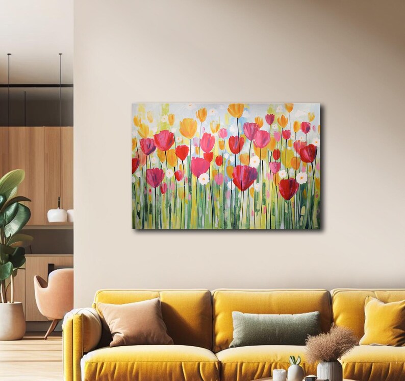 Original Tulip Painting on Canvas Colorful Garden Wall Art Modern Floral Painting Joyful Flowers Hand Painted Artwork Home Office Decor immagine 4