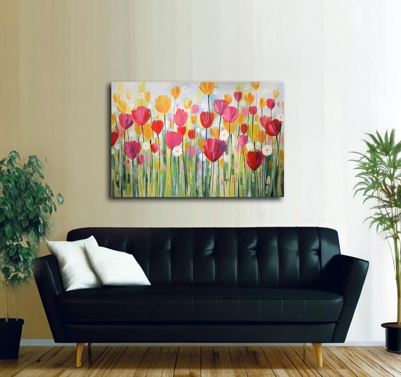 Original Tulip Painting on Canvas Colorful Garden Wall Art Modern Floral Painting Joyful Flowers Hand Painted Artwork Home Office Decor immagine 5